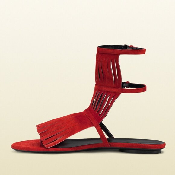 GUCCI SHOES BECKY SUEDE LEATHER FRINGED GLADIATOR FLATS SANDALS sz 35.5 5.5 - Picture 1 of 6
